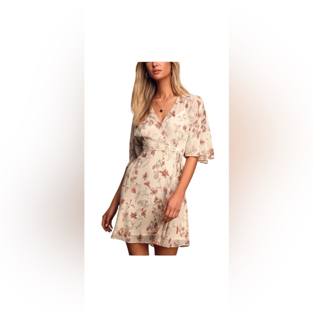 Lulus All Along Beige Floral Print Faux Wrap Mini Dress~ Size M~ NWT